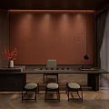 Elegant Private Dining Room With Round Table Brown Leather Chairs And Modern Chandelier