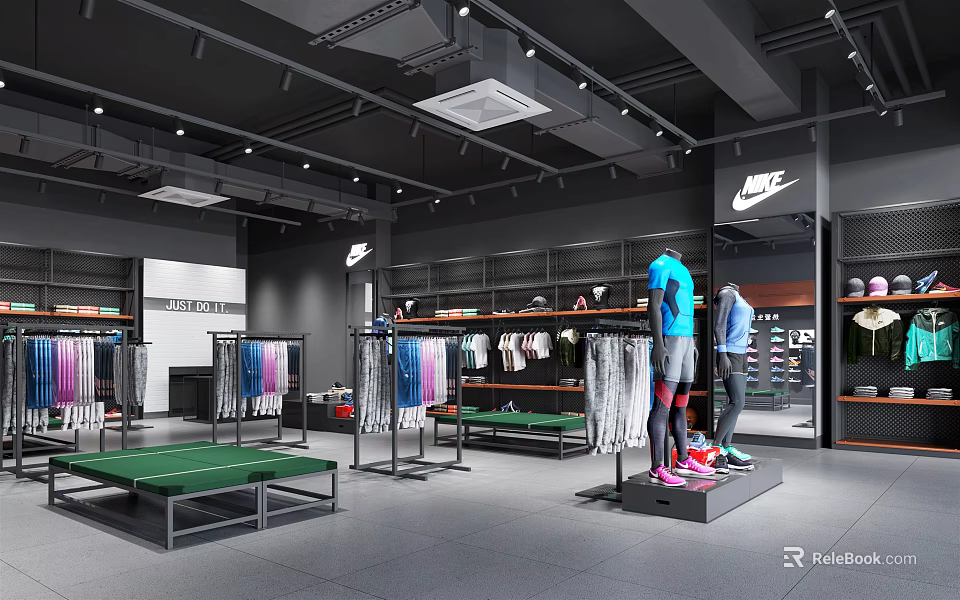Nike Sportswear Clothing Store With Mannequins Clothing Racks And Green Display Tables 3d model 