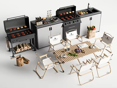 Outdoor Kitchen Area Featuring Grills Wooden Table Chairs And Cooking Utensils 3d model