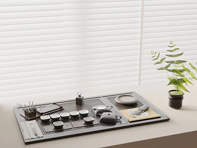 Minimalist Tea Tray With Tea Set And Green Plant By White Blinds 3d model