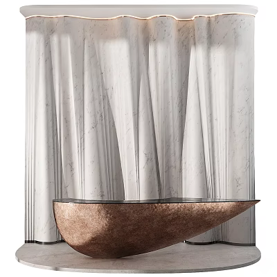Modern Reception Desk Interior Design With Marble Curtain And Curved Wooden Surface 3d model