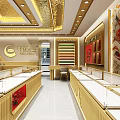 China Gold Luxury Jewelry Store Front With Golden Display Cases And Red Decor