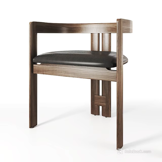 Modern Wooden Stool with Solid Wood Frame and Black Leather Cushion 3d model