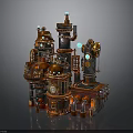 Steampunk Themed Mechanical Equipment With Towers Pipes Gears And Glowing Elements