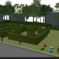 Fun Playground With Green Maze Design Surrounded By Trees And Lawn