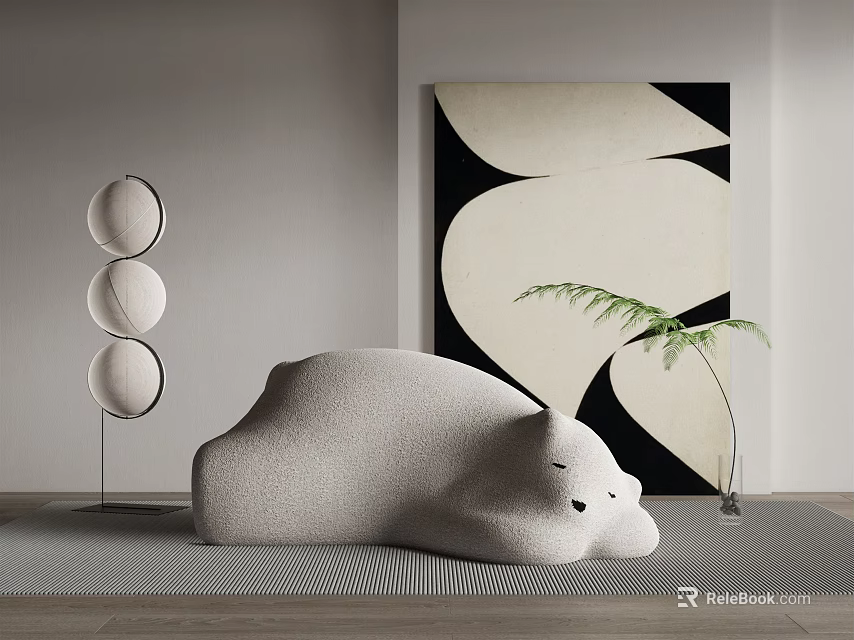 Cozy Grey Lazy Sofa in Living Room with Abstract Art Round Lamp and Fern Plant 3d model 