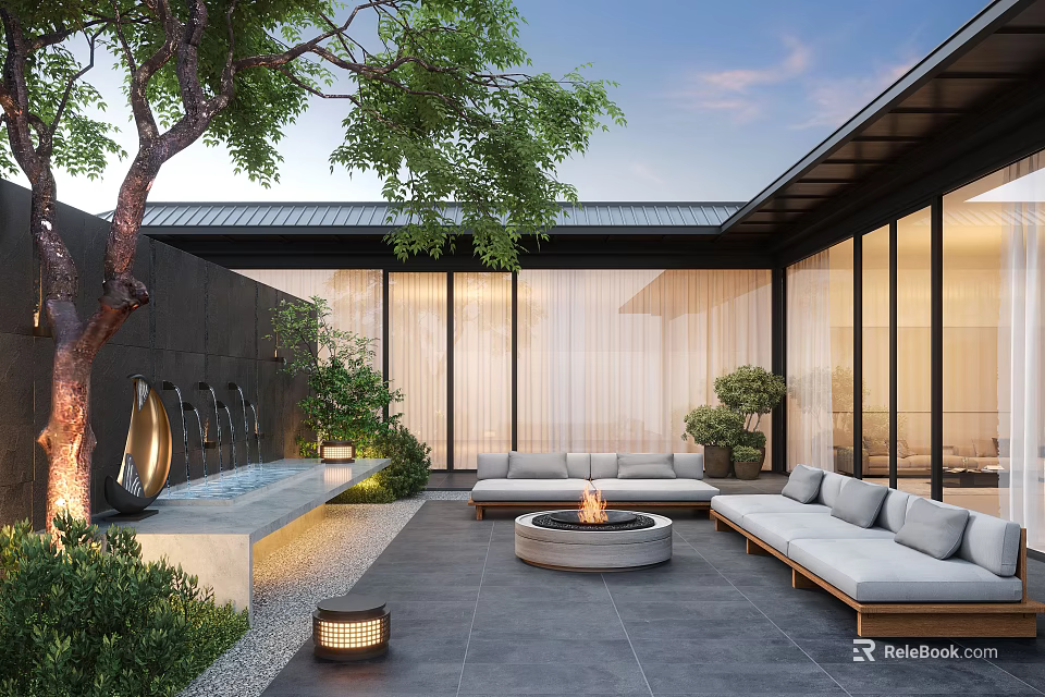 Modern Garden Outdoor Living Space With Sofa Fire Pit Fountain And Green Plants 3d model 