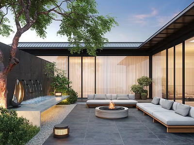 Modern Garden Outdoor Living Space With Sofa Fire Pit Fountain And Green Plants 3d model
