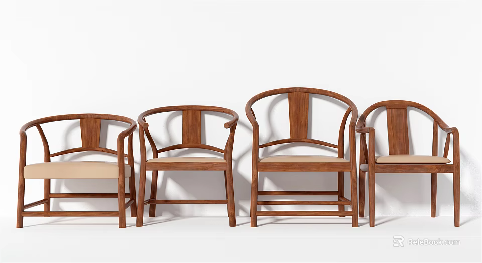 Traditional Wooden Armchairs With Curved Arms And Light Colored Cushions 3d model 