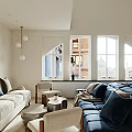 Modern Elegant Living Room Interior With Navy Blue Sofa Neutral Pillows And Abstract Artwork