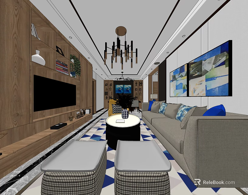 Modern Living Room Interior With Gray Sofa Blue Cushions Black Coffee Table And Chandelier 3d model 