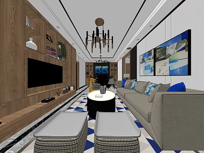 Modern Living Room Interior With Gray Sofa Blue Cushions Black Coffee Table And Chandelier 3d model