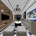 Modern Living Room Interior With Gray Sofa Blue Cushions Black Coffee Table And Chandelier