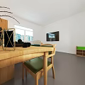 Simple Bedroom Interior With Wooden Bed Desk Chair Cabinet Plants Large Window And City View