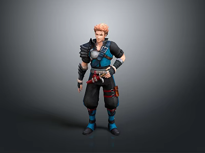 Man With Pink Hair In Black And Blue Stylish Outfit With Armor And Protective Gear 3d model