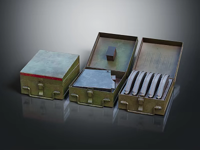 Vintage Green Metal Storage Boxes With Open Lids And Rustic Tools Inside 3d model