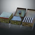 Vintage Green Metal Storage Boxes With Open Lids And Rustic Tools Inside 3d model