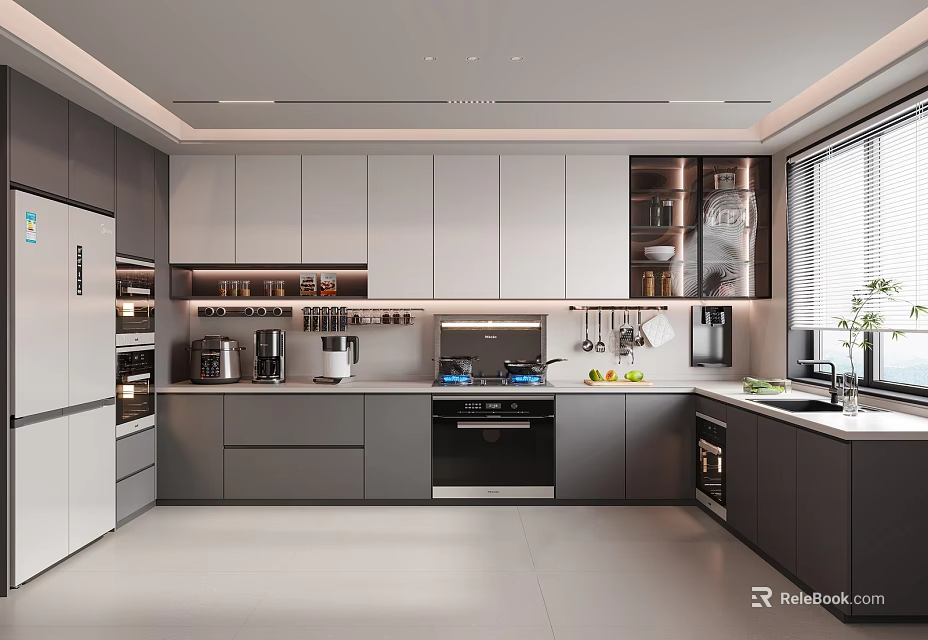 Modern Kitchen Interior Design With Grey White Cabinets Built In Oven Refrigerator Window Plant Countertop 3d model 