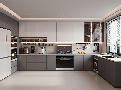 Modern Kitchen Interior Design With Grey White Cabinets Built In Oven Refrigerator Window Plant Countertop 3d model