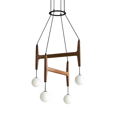 Modern Wooden Chandelier With Geometric H Shape And White Spherical Bulbs 3d model
