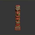Scenic Landscape With Totem Pole Having Three Green And Red Faces On Wooden Base