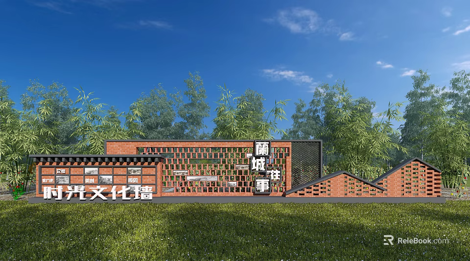 Red Brick Cultural Landscape Wall With Hollow Design And Green Plants Under Blue Sky 3d model 