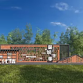Red Brick Cultural Landscape Wall With Hollow Design And Green Plants Under Blue Sky