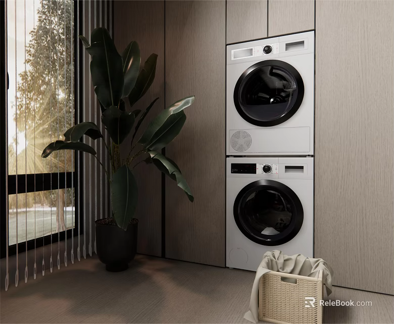 Modern Interior Featuring Stacked Washing Machines Large Plant and Wicker Laundry Basket 3d model 