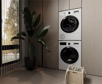 Modern Interior Featuring Stacked Washing Machines Large Plant and Wicker Laundry Basket 3d model