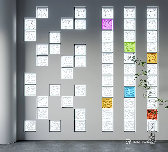 Decorative Wall With Multiple Square Panels White And Colorful Squares And Green Plant 3d model 