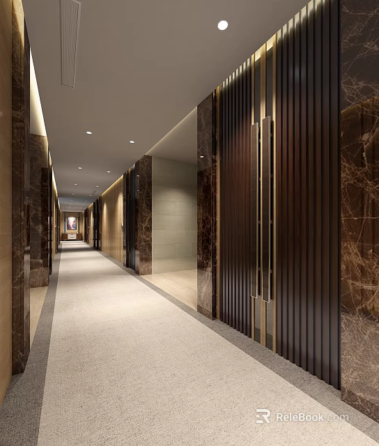 Modern Elegant Elevator Hallway With Marble Walls Wooden Panels Recessed Lighting And Neutral Carpet 3d model 