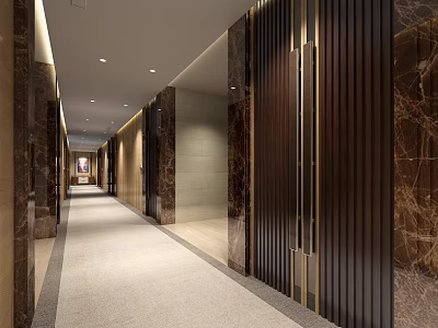 Modern Elegant Elevator Hallway With Marble Walls Wooden Panels Recessed Lighting And Neutral Carpet 3d model
