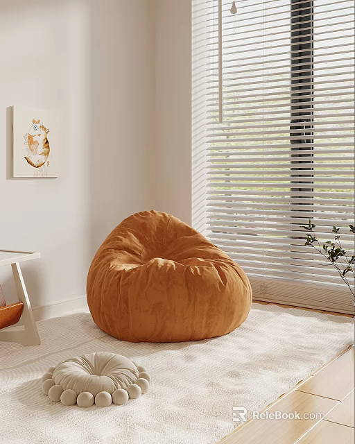 Orange Bean Bag Chair In Cozy Room Corner With Window Blinds And Wall Painting 3d model 