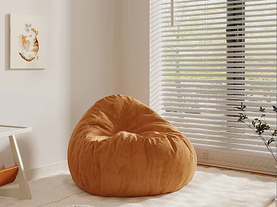 Orange Bean Bag Chair In Cozy Room Corner With Window Blinds And Wall Painting 3d model