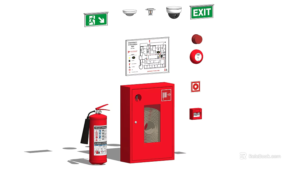 Essential Fire Safety Equipment Including Fire Extinguisher Cabinet Exit Sign Alarm And Emergency Light 3d model 