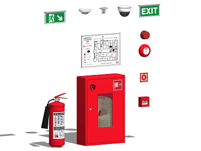 Essential Fire Safety Equipment Including Fire Extinguisher Cabinet Exit Sign Alarm And Emergency Light 3d model