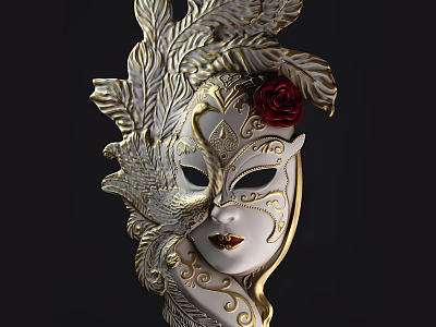 Intricate Venetian Mask With Golden Feathers Red Rose And Ornate Patterns 3d model