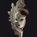 Intricate Venetian Mask With Golden Feathers Red Rose And Ornate Patterns