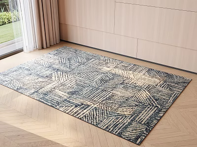 Blue And White Square Rug With Geometric Pattern On Wooden Floor In Living Room Interior 3d model