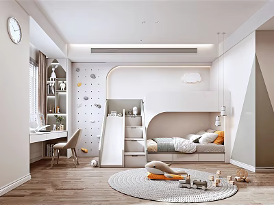 Kids Room Interior Design With Slide Bunk Bed Desk Chair Toys And Dot Wall Decor 3d model