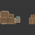 Household Items Stored In Wooden Crates With Covered Object And Small Crate Blue Item