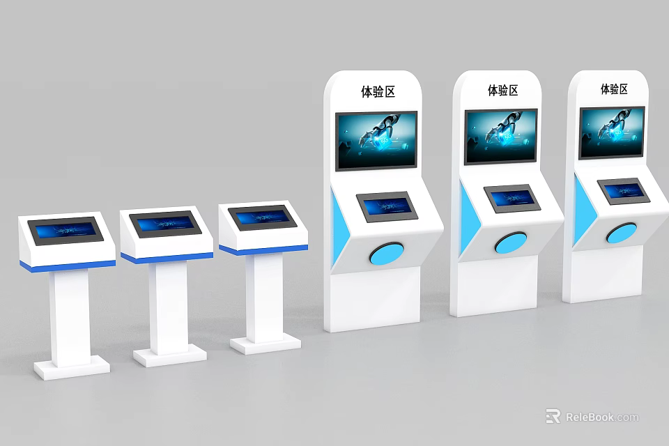 Public Facility Self Service Kiosks In Experience Zone With Digital Screens And Control Panels 3d model 