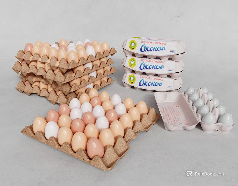 Fresh Various Colored Chicken Eggs in Checo Brand Cartons on 3d model 