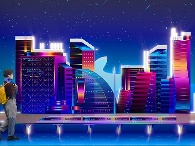 The future of technology Cyberpunk style city architecture silhouette exhibition hall wall decoration beautiful Chen 3d model