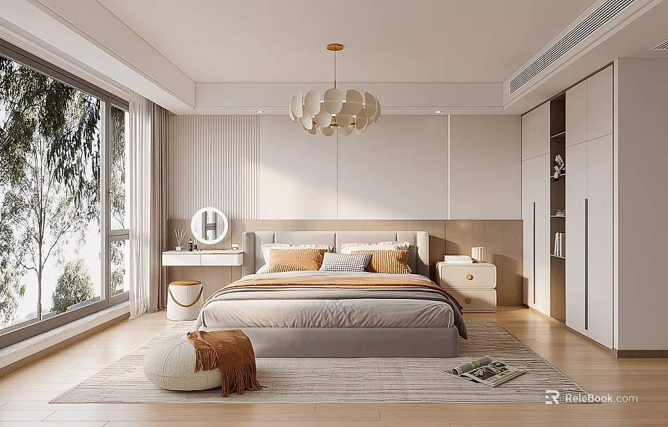 Modern Bedroom Interior Design With Natural Light Large Window Unique Chandelier Bed Pillows And Wardrobe 3d model 