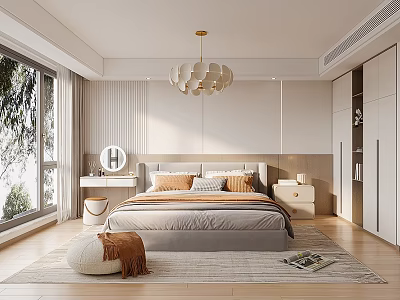 Modern Bedroom Interior Design With Natural Light Large Window Unique Chandelier Bed Pillows And Wardrobe 3d model
