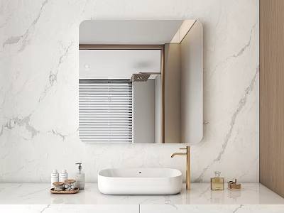 Bathroom Wall Mirror Above White Sink And Toiletries 3d model