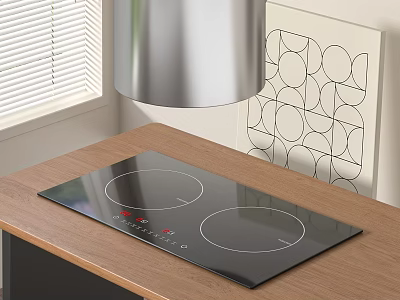Sleek Modern Kitchen Induction Cooktop On Wooden Counter With Geometric Wall Art 3d model