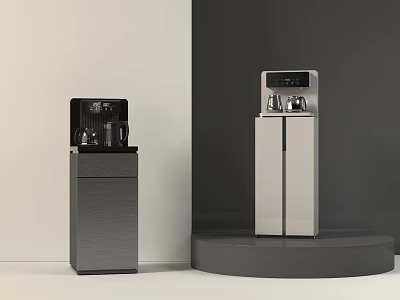 Modern Kitchen Appliances Black Coffee Maker And Silver Water Dispenser On Grey Cabinet And Platform 3d model
