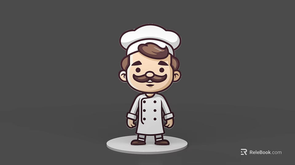 Cartoon Chef Game And Movie Character With White Hat Mustache And Uniform Standing On Base 3d model 